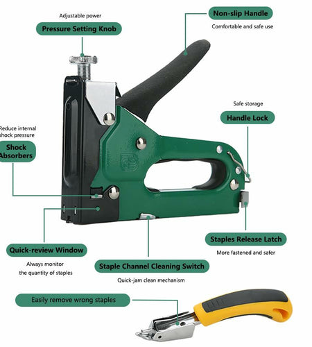 [Like New] QUQITONG Heavy Duty 3-in-1 Staple Gun Power Adjust No-Jam Green 2100 Staples