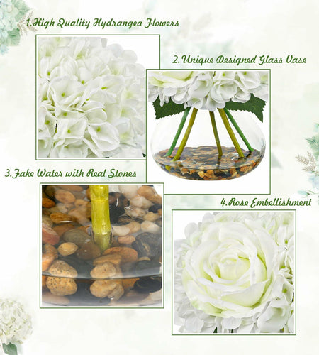 N&T NIETING Artificial White Hydrangea Flowers with Vase & Real Stone Decor
