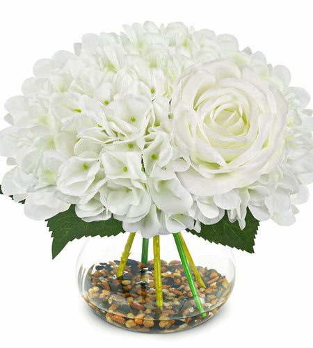 N&T NIETING Artificial White Hydrangea Flowers with Vase & Real Stone Decor