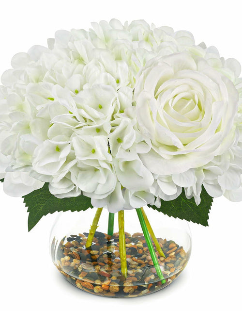 Load image into Gallery viewer, N&amp;T NIETING Artificial White Hydrangea Flowers with Vase &amp; Real Stone Decor
