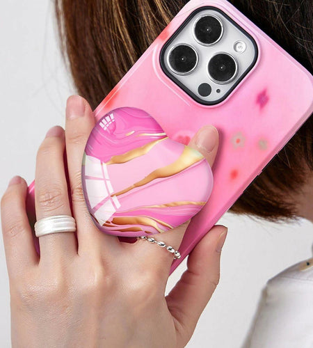 Luhoit Expanding Cell Phone Grip Heart Shape Pink Gold Marble Glass