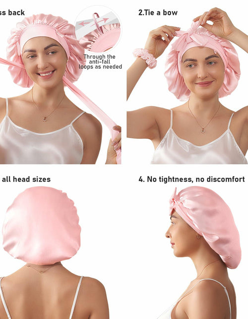 Load image into Gallery viewer, LitBear Mulberry Silk Bonnet 6A 22 Momme Large Double-Layer Pink Tie Band
