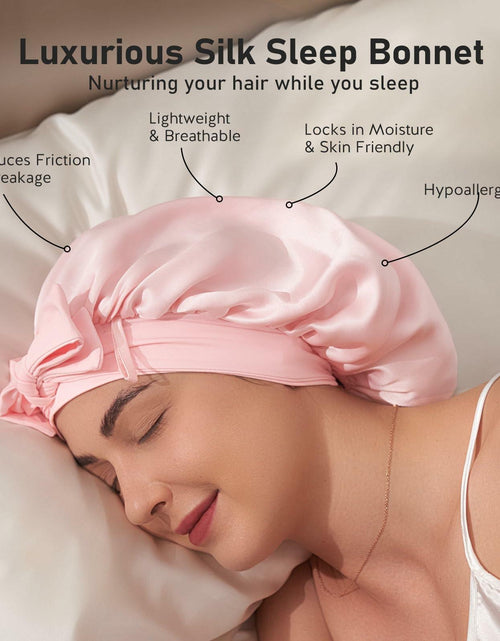 Load image into Gallery viewer, LitBear Mulberry Silk Bonnet 6A 22 Momme Large Double-Layer Pink Tie Band
