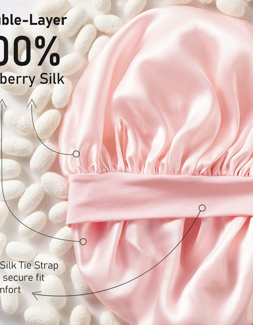 Load image into Gallery viewer, LitBear Mulberry Silk Bonnet 6A 22 Momme Large Double-Layer Pink Tie Band
