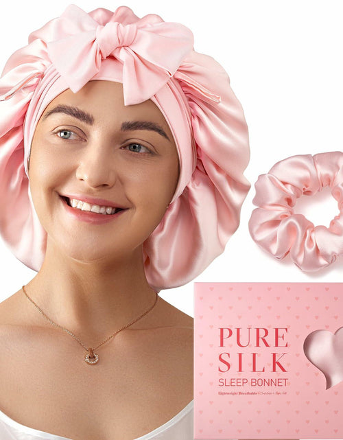Load image into Gallery viewer, LitBear Mulberry Silk Bonnet 6A 22 Momme Large Double-Layer Pink Tie Band
