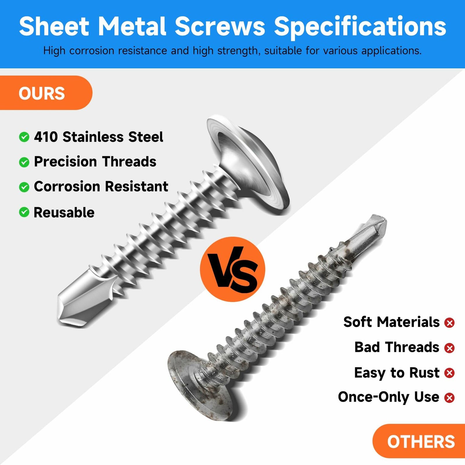 Marysino 100Pcs #8x1-1/2" 410 Stainless Steel Self Tapping Screws Metal