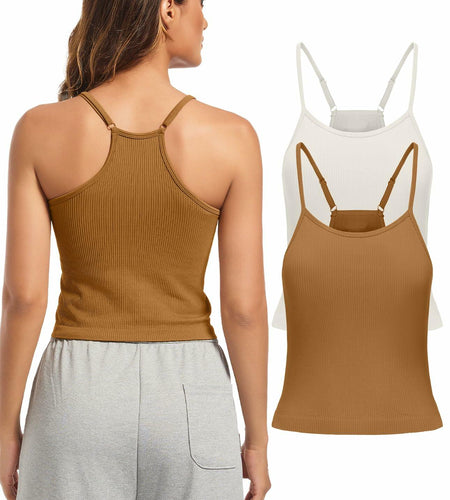 OVESPORT 2Pack Workout Tank Tops Women Built-in Bra Brown+White Size L
