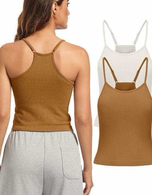 Load image into Gallery viewer, OVESPORT 2Pack Workout Tank Tops Women Built-in Bra Brown+White Size L
