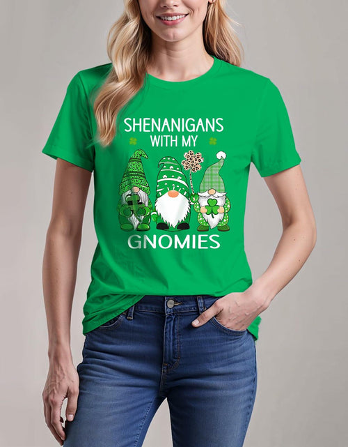 Load image into Gallery viewer, FLORENCE IISA St. Patrick's Day Lucky Shamrock &amp; Gnomes T-Shirt Irishgreen XS
