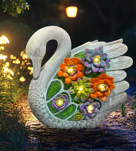 ENOU Solar Garden Swan Statue Outdoor Patio Yard Decor White Metal
