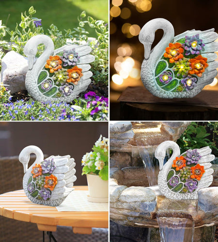 ENOU Solar Garden Swan Statue Outdoor Patio Yard Decor White Metal