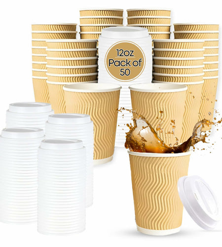 WellMellon 12oz Ripple Wall Disposable Coffee Cups with Lids 50 Count