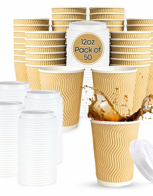 Load image into Gallery viewer, WellMellon 12oz Ripple Wall Disposable Coffee Cups with Lids 50 Count
