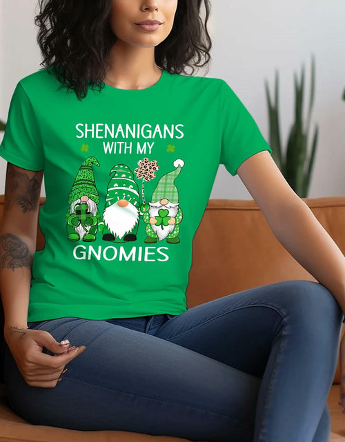 Load image into Gallery viewer, FLORENCE IISA St. Patrick's Day Lucky Shamrock &amp; Gnomes T-Shirt Irishgreen XS
