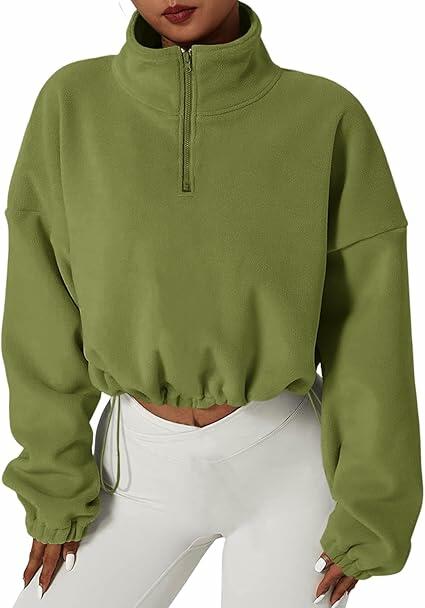 Load image into Gallery viewer, Muchpow Women's Casual Half Zip Fleece Crop Hoodie Khaki Size XL
