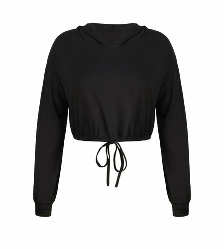 LovelyWholesale Womens Cropped Hoodie Long Sleeve Workout Top Black XL