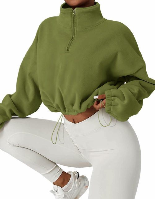 Load image into Gallery viewer, Muchpow Women's Casual Half Zip Fleece Crop Hoodie Khaki Size XL
