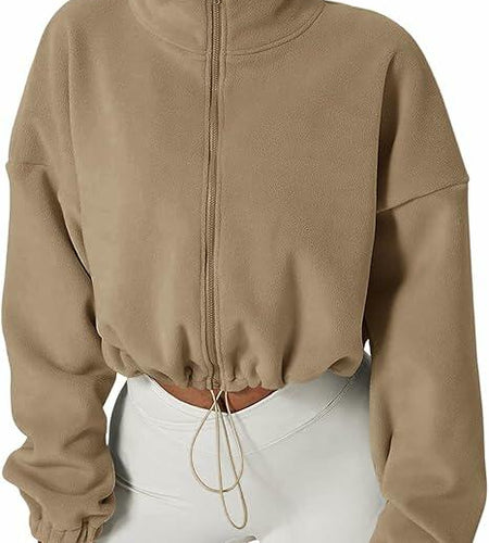 Muchpow Women's Casual Half Zip Fleece Crop Hoodie Khaki Size XL