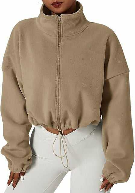 Load image into Gallery viewer, Muchpow Women's Casual Half Zip Fleece Crop Hoodie Khaki Size XL
