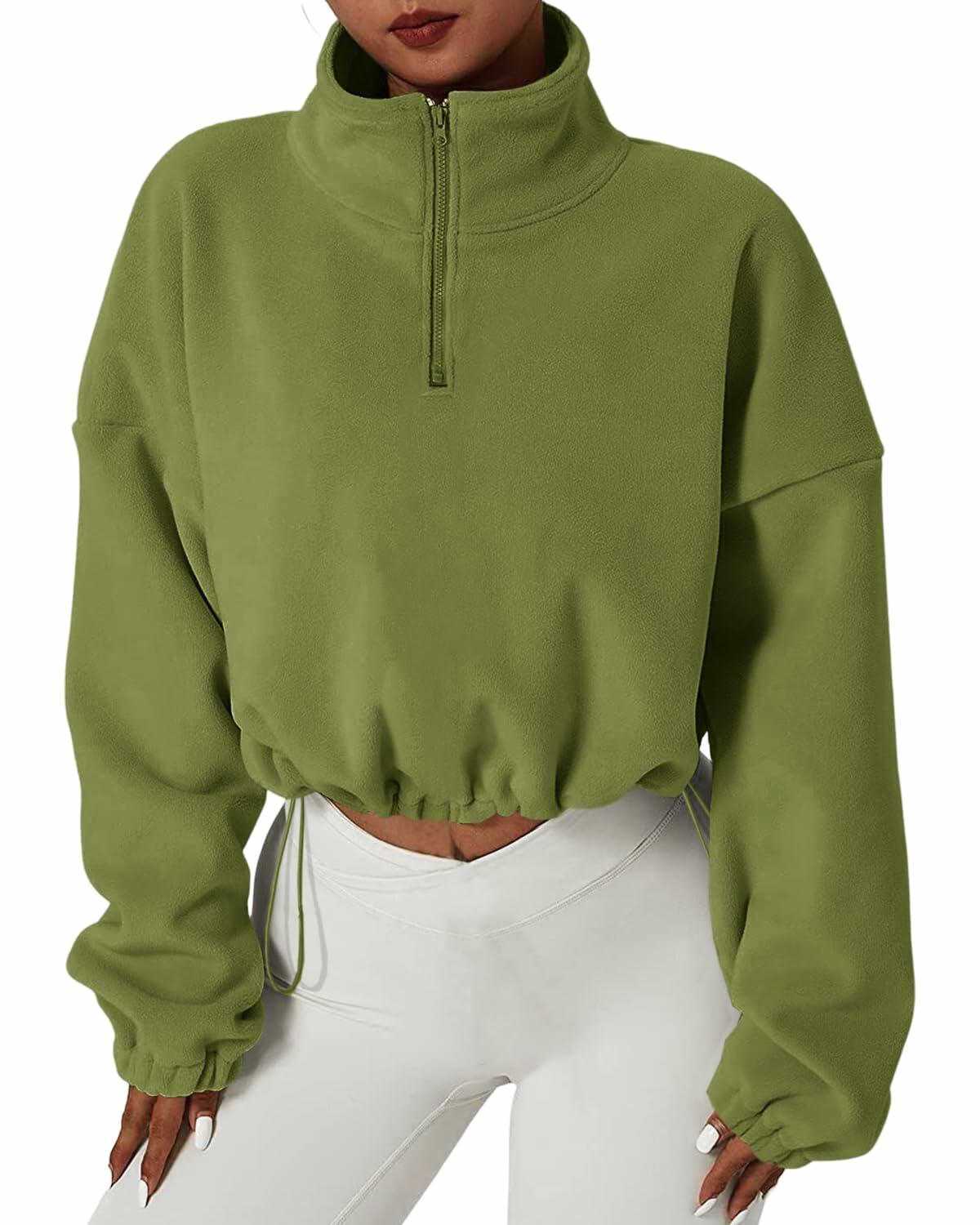 Muchpow Women's Casual Half Zip Fleece Crop Hoodie Khaki Size XL
