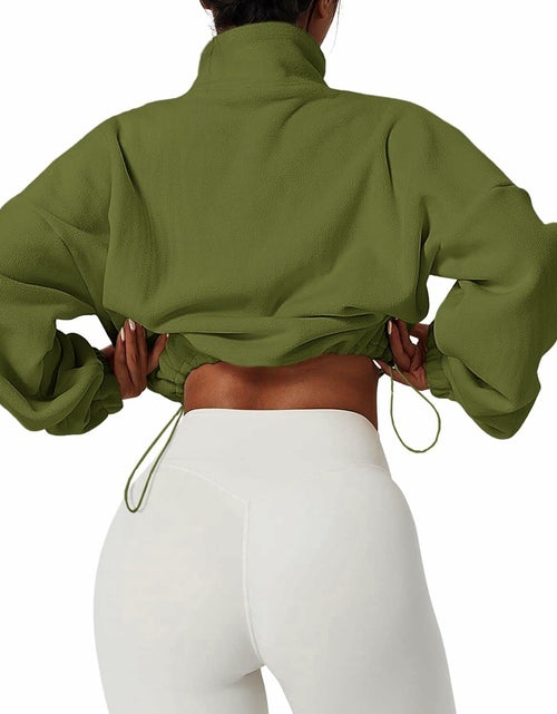 Load image into Gallery viewer, Muchpow Women's Casual Half Zip Fleece Crop Hoodie Khaki Size XL
