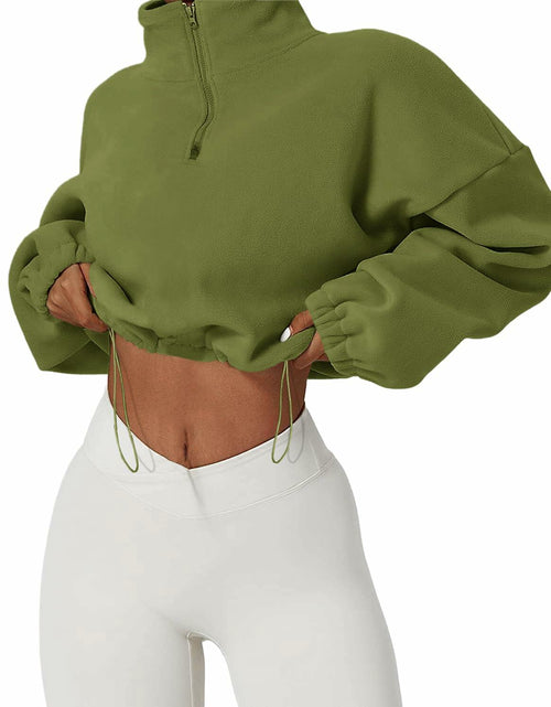 Load image into Gallery viewer, Muchpow Women's Casual Half Zip Fleece Crop Hoodie Khaki Size XL
