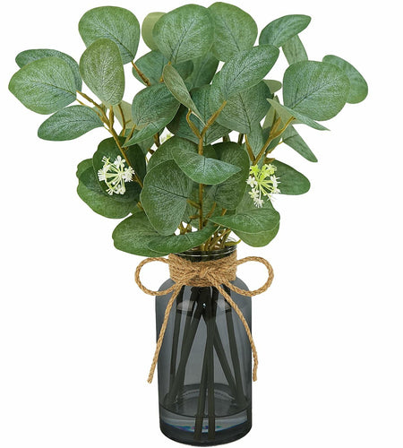 FOREST PRINCE Eucalyptus Stems in Black Vase 15" Green Silk Decor