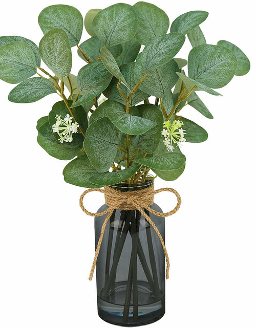 Load image into Gallery viewer, FOREST PRINCE Eucalyptus Stems in Black Vase 15" Green Silk Decor
