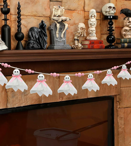 CRAFLOX Pink Halloween Garland Ghost Decor 6.6Ft Wooden Beads Small
