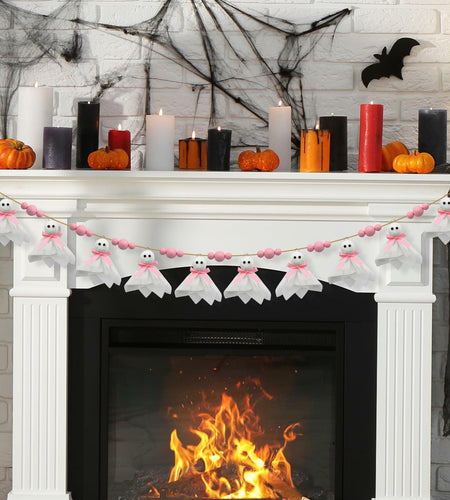 CRAFLOX Pink Halloween Garland Ghost Decor 6.6Ft Wooden Beads Small