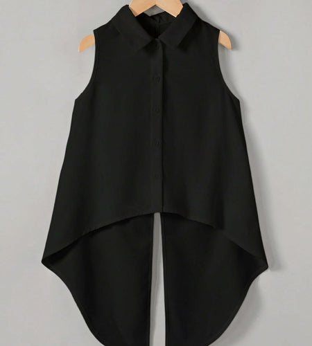 Verdusa Girl's Button Front Bow Back Sleeveless Blouse Black Size 9 Years