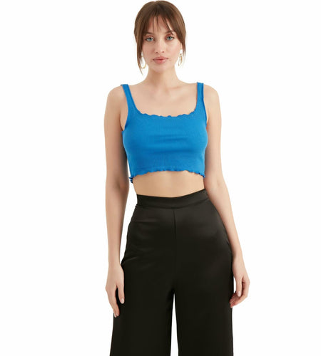 TUBANUR Women's Blue Cotton Sleeveless Crop Top Basic Fitted Tank Size S