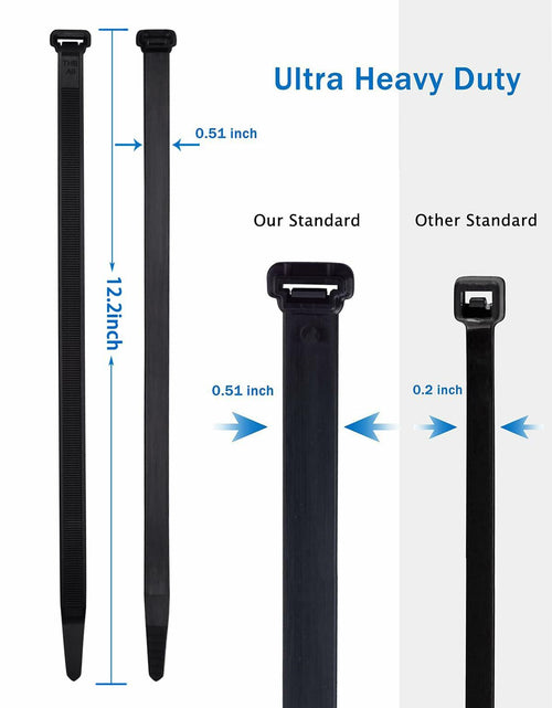 Load image into Gallery viewer, LOMAZH Cable Zip Ties 50pcs 12.2in Black Nylon 250lbs Tensile Strength

