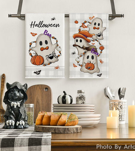 Artoid Mode Halloween Kitchen Towels Set of 2 Pumpkin Ghost Beige 18x26in