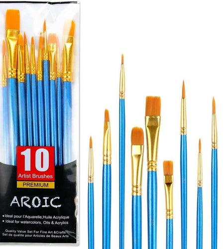 AROIC 10 Pcs Acrylic Paint Brush Set Nylon Hair Watercolor Oil Paint