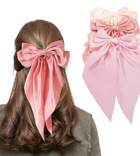 HUFITION Satin Metal Hair Bow Clips 3 PCS Beige Hot Pink Light Pink