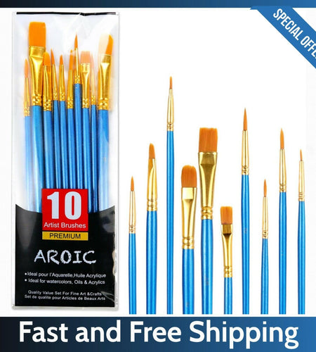 AROIC 10 Pcs Acrylic Paint Brush Set Nylon Hair Watercolor Oil Paint