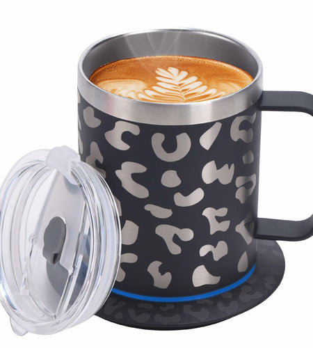 DEQIANG Heated Coffee Mug 12oz USB Powered 304 Stainless Steel Black Leopard