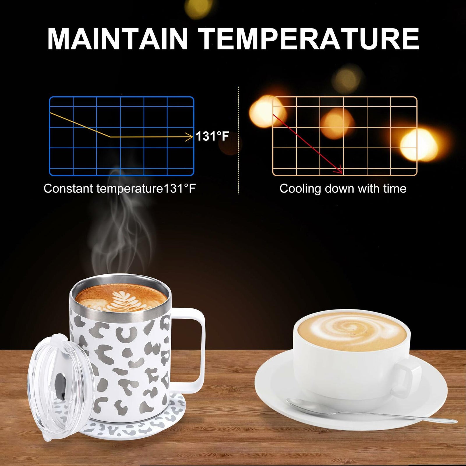 DEQIANG Heated Coffee Mug 12oz USB Powered 304 Stainless Steel Black Leopard