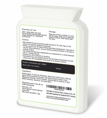 Pure Healthland Black Garlic Supplement Vegan Tablets UK 1 Bottle