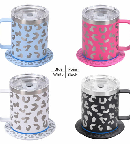 DEQIANG Heated Coffee Mug 12oz USB Powered 304 Stainless Steel Black Leopard