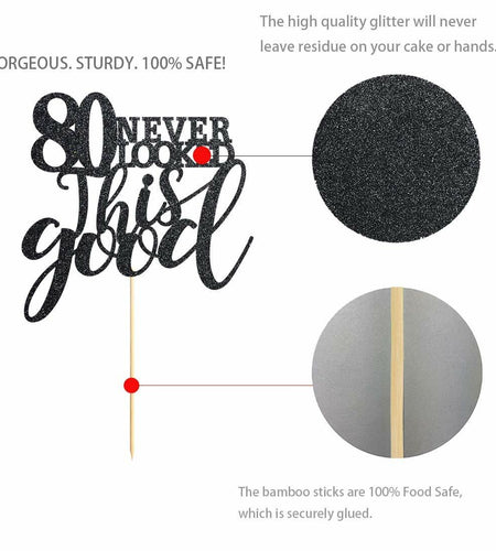 Black Glitter Happy 80th Birthday Cake Topper, Cheers to 80 Years, 80 Count
