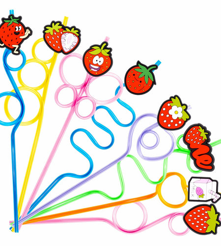 SODWINCO 24 PCS Strawberry Drinking Crazy Straws Kids Party Supplies Red