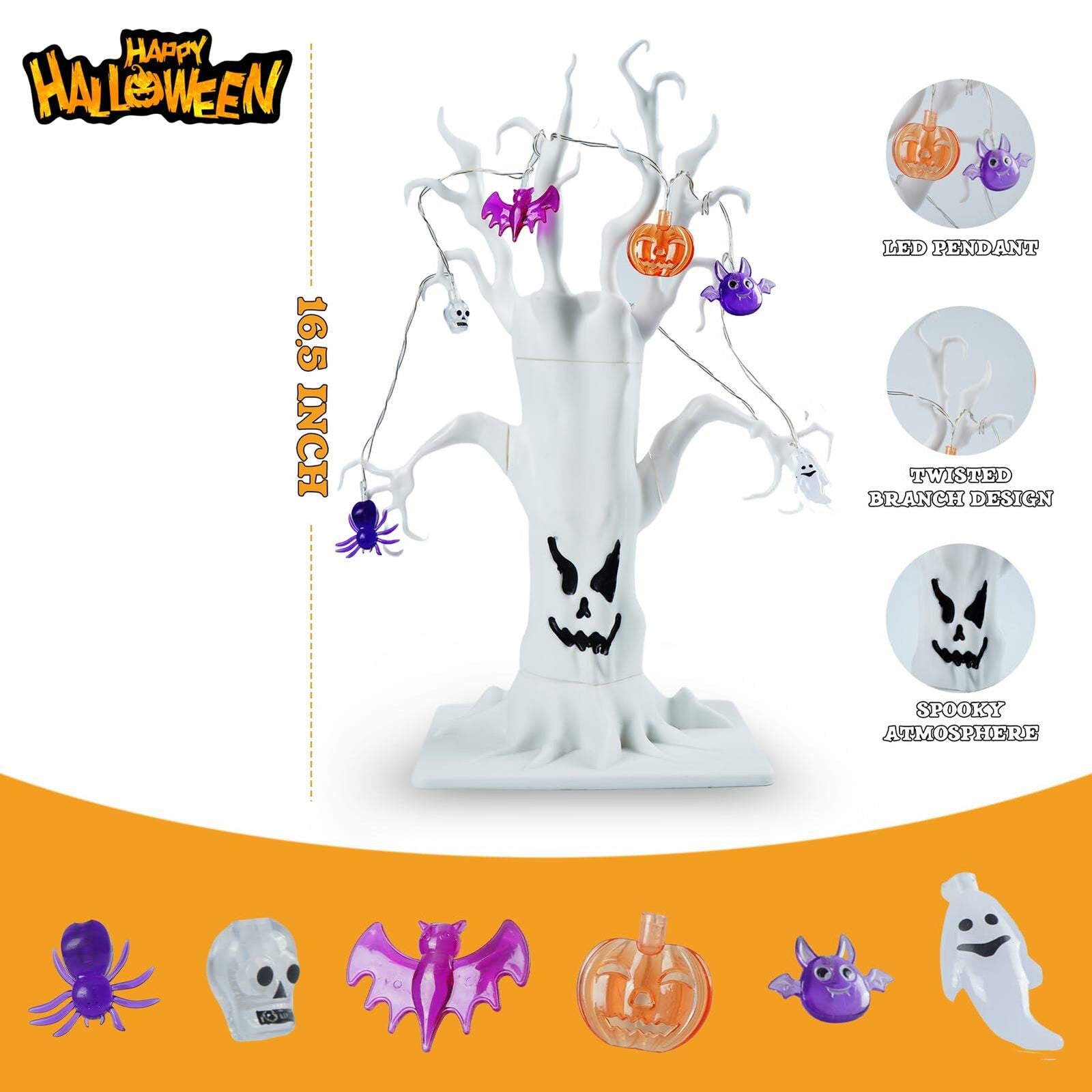 GNIXLING Halloween Tree Decorative Centerpiece White, Spooky Ornaments & Lights