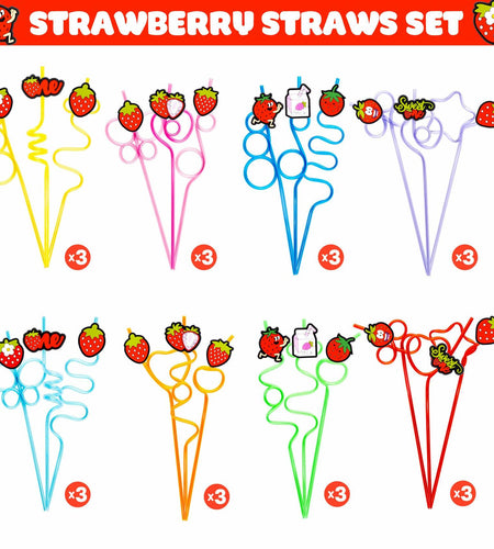 SODWINCO 24 PCS Strawberry Drinking Crazy Straws Kids Party Supplies Red