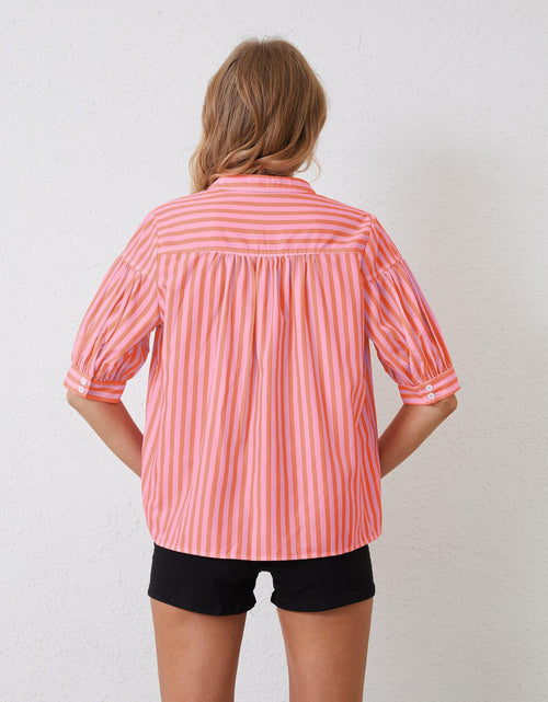 Load image into Gallery viewer, MSBESYOR Women Puff Short Sleeve Striped V Neck Blouse Pink Size S
