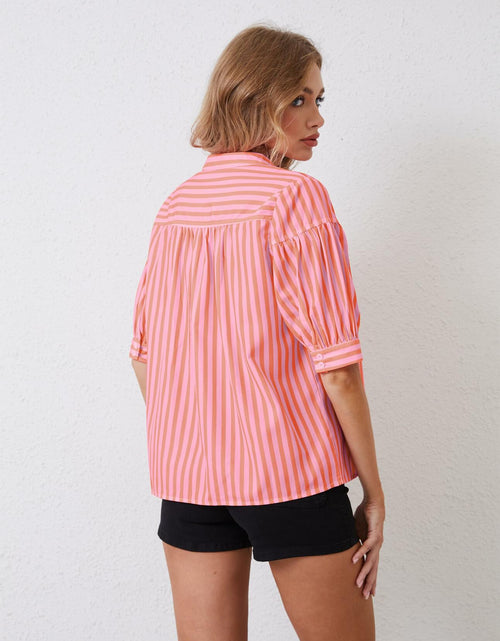 Load image into Gallery viewer, MSBESYOR Women Puff Short Sleeve Striped V Neck Blouse Pink Size S
