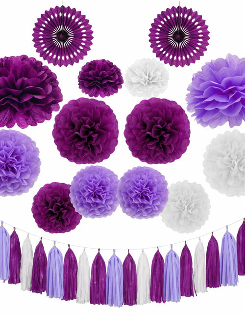 Load image into Gallery viewer, Envibe Purple White Tissue Paper Pom Poms Party Decorations 34 Pcs
