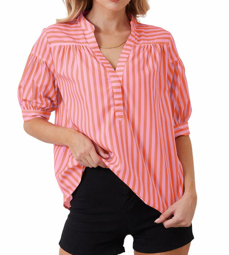 MSBESYOR Women Puff Short Sleeve Striped V Neck Blouse Pink Size S