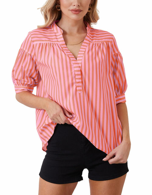 Load image into Gallery viewer, MSBESYOR Women Puff Short Sleeve Striped V Neck Blouse Pink Size S
